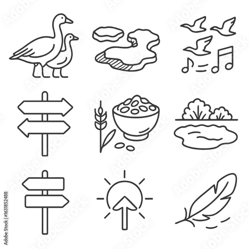 Migratory Bird Icons. Outline style icons of Migratory Birds: snow goose pair, tundra ice patch, flight altitude graph, flock