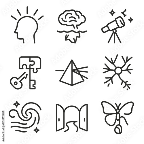 Mind Expansion Icons. Outline style icons of Mind Expansion: enlightened crown rays, brain iceberg tip, telescope stargaze,
