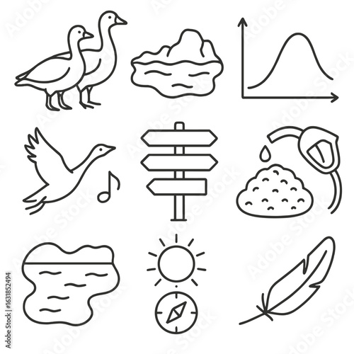 Migratory Bird Icons. Outline style icons of Migratory Birds: snow goose pair, tundra ice patch, flight altitude graph, flock