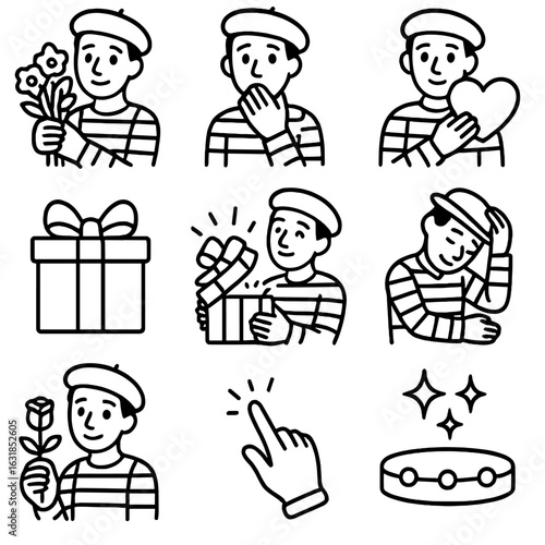 Mime Romance Icons. Outline style icons of Mime: flowering bouquet present, bashful shy glance, heart puff icon, gift reveal