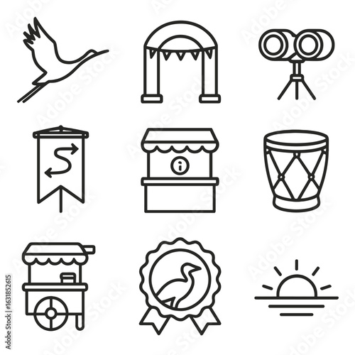 Migration Festival Icons. Outline style icons of Migration Festival: soaring crane silhouette, festival arch gateway, binocular