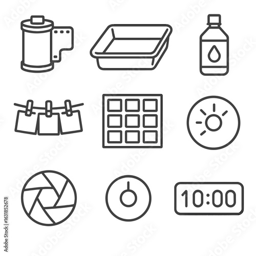 Photographic Memory Icons. Outline style icons of Memory: photographic negative roll, darkroom tray, enlarger lamp, chemical