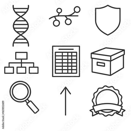Memory Icons Collection. Outline style icons of Memory: DNA helix strand, ancestral tree branch, family crest shield, genealogy