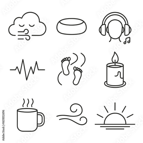 Mental Recovery Icons. Outline style icons of Mental Recovery: serene breathing cloud, meditation cushion, guided audio headset,