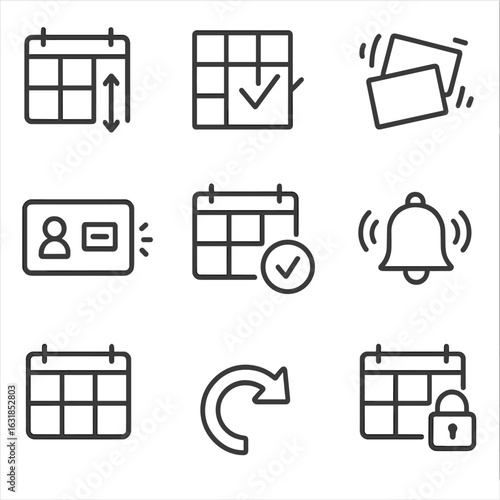 Microinteraction Icons Outline. Outline style icons of Microinteraction: calendar drag resize, snap to grid tick, overlap warn