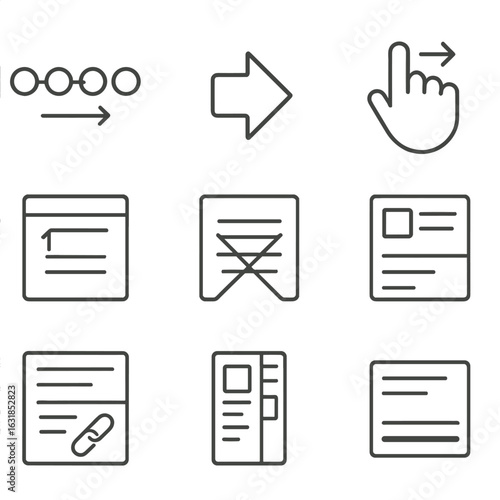 Microinteraction Icons Set. Outline style icons of Microinteraction: breadcrumb trail fade, back arrow slide, forward gesture