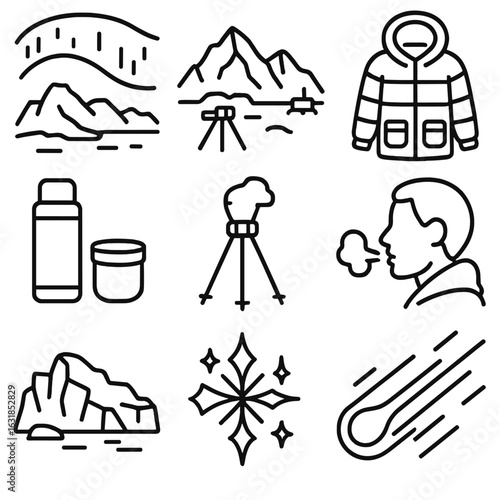 Outline Meteor Shower Icons. Outline style icons of Meteor Shower: aurora arc wave, polar landscape ridge, insulated parka icon,