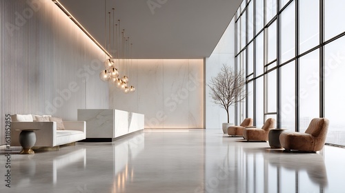 Elegant and modern lobby interior design featuring luxurious finishes and ample natural light