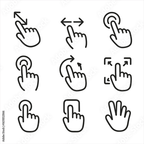 Gesture Icon Set. Line style icons of touch gestures for gallery: pinch zoom, swipe left, swipe right, double tap, rotate with