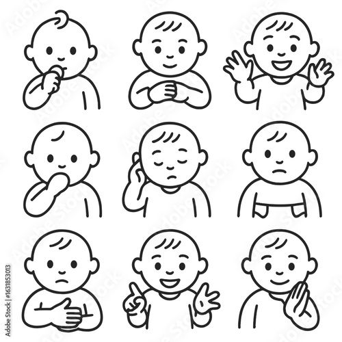 Baby Sign Language Icons. Line style icons of baby sign language: milk sign, more sign, all done sign, eat sign, sleepy sign,