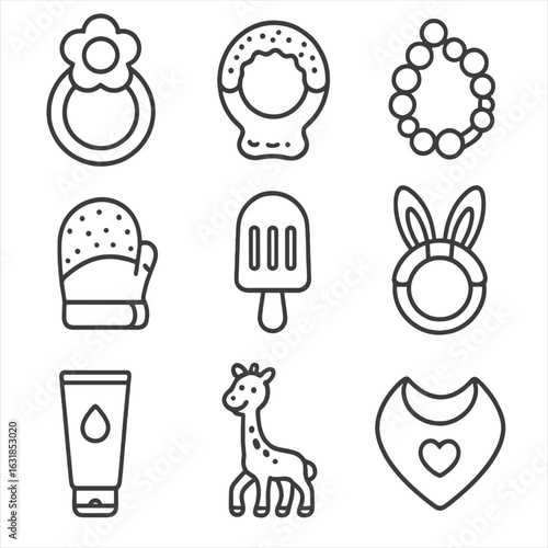 Baby Teething Essentials Icons. Line style icons of baby teething items: teething ring, cooling teether, silicone beads, teething