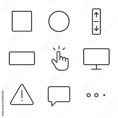 Minimal UI Components. Line style icons of reduced interface controls: minimal checkbox, thin radio button, basic scrollbar,