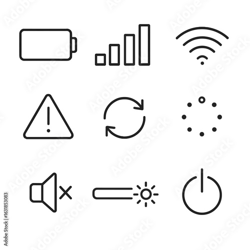 Minimal Icons Set. Line style icons of minimal system status: simple battery icon, low signal bars, thin wifi icon, flat alert