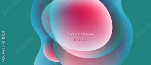 Abstract fluid shapes overlap, creating vibrant color gradients. Teal background complements pinks, blues, soft transitions. Modern design element.