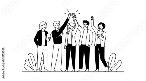 Group of people giving high five in a line together in black and white illustration style design art