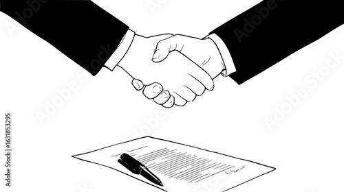 Illustration of a handshake above a signed contract with a pen resting on the document in black and white