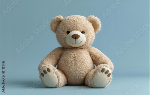 Single teddy bear, sitting, plain light blue background 