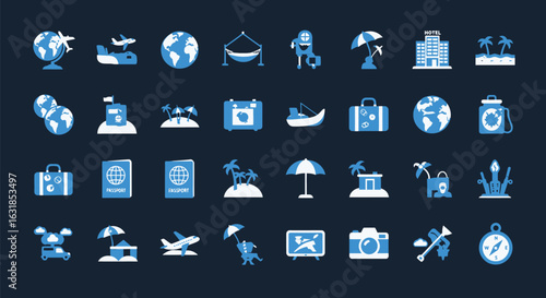 Vector art of collection of travel and tourism icons representing vacation and adventure