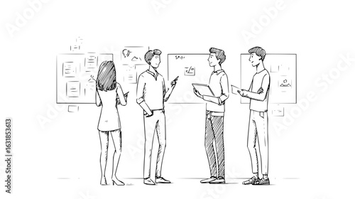Four people standing in front of boards discussing ideas in a sketched black and white illustration