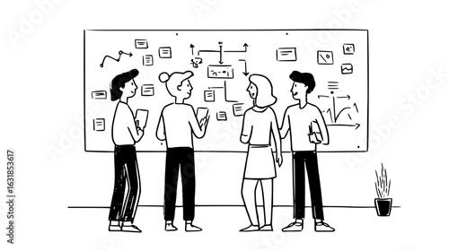 Four people are standing in front of a whiteboard with diagrams and sticky notes in the office space