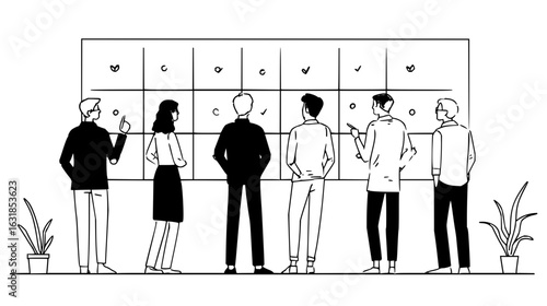 Team members discussing a project status board with check marks and other symbols in a meeting room