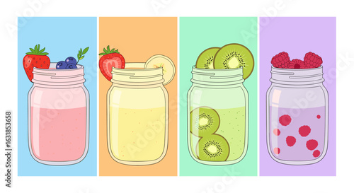An appealing digital illustration presents various refreshing fruit smoothies in stylish mason jars, perfect for healthy lifestyle and beverage promotions.