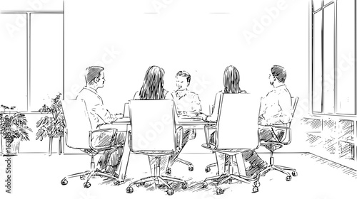 Sketch of meeting with five people sitting around a table in a bright room with plants and windows