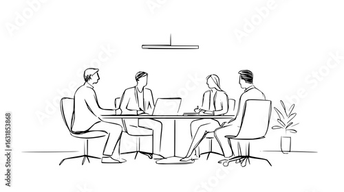 A sketch of four people sitting around a table with a laptop in a meeting room with a plant pot