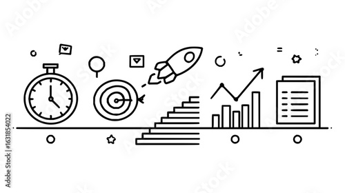 Illustration of a business growth concept with a rocket launch, target, and rising bar graph elements
