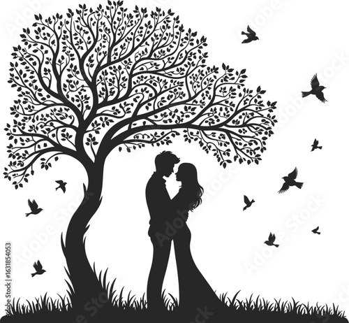 Romantic couple standing under blooming tree, flat vector illustration, flying birds, love scene, silhouette, peaceful nature, emotional connection, relationship
