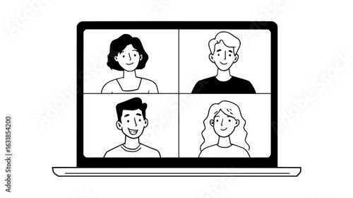 Laptop screen displaying four people in a video conference call with simple black and white illustration