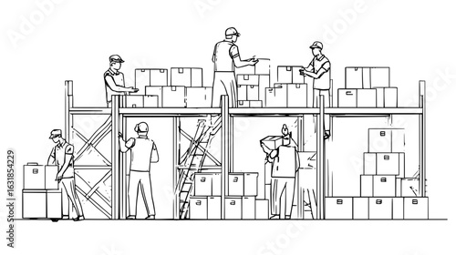 Illustration of warehouse workers stocking shelves with boxes in a sketch style black and white image