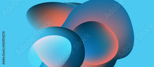 Abstract fluid shapes overlap, creating vibrant color gradients. Blue, orange hues dominate composition. Smooth textures suggest digital rendering.