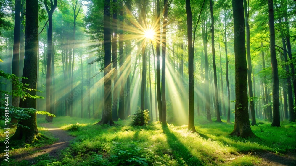 Naklejka premium Sunbeams shining through a green forest