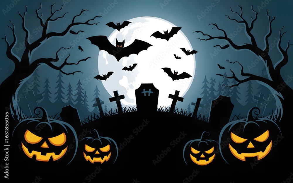 Halloween night scene with pumpkins, tombstones, bats, and a full moon Halloween night scene with pumpkins, tombstones, bats, and a full moon
