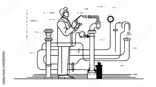 Man in lab coat inspecting complex piping system with gauges and valves in black and white line art