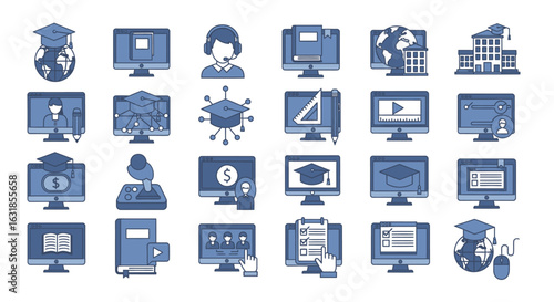 Vector art of collection of online education icons isolated on white background