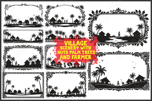 Traditional Village Silhouette Scenery with Huts, Palm Trees & Farmers