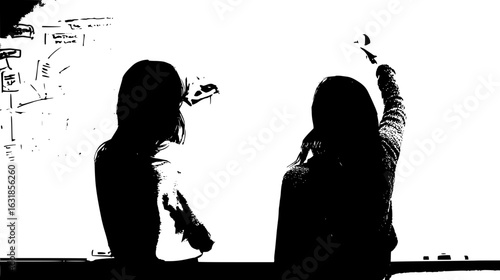 Two women brainstorming ideas on a whiteboard with diagrams and writing in a monochrome illustration