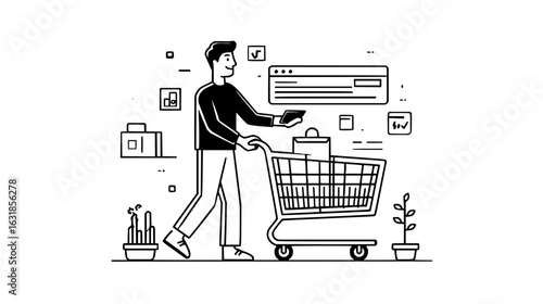 A man pushing a shopping cart with a bag in it next to plants and digital interface elements in black and white