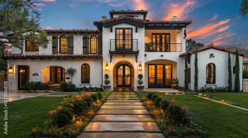 Wallpaper Mural Elegant Spanish Colonial Revival residence with manicured landscape and scenic sunset backdrop Torontodigital.ca