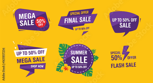 Vector art of collection of colorful sale banners, labels, and tags for summer and special offers