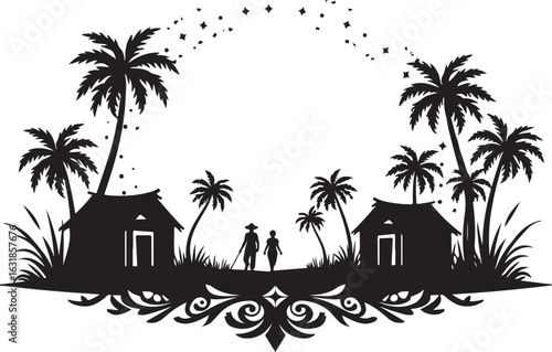 Traditional Village Silhouette Scenery with Huts, Palm Trees & Farmers