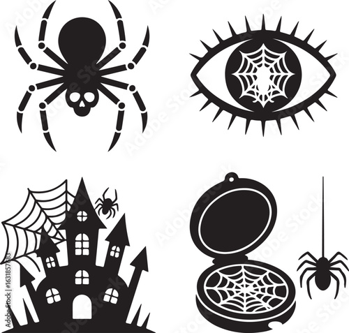 Spider, horror, icon, set, arachnophobia, silhouette, vector, black, isolated, illustration, design, spooky, halloween, scary, fear, evil