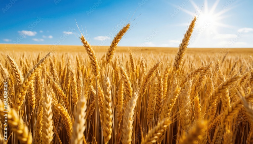 Fototapeta premium a wheat field on the background Golden wheat crop with sunlight