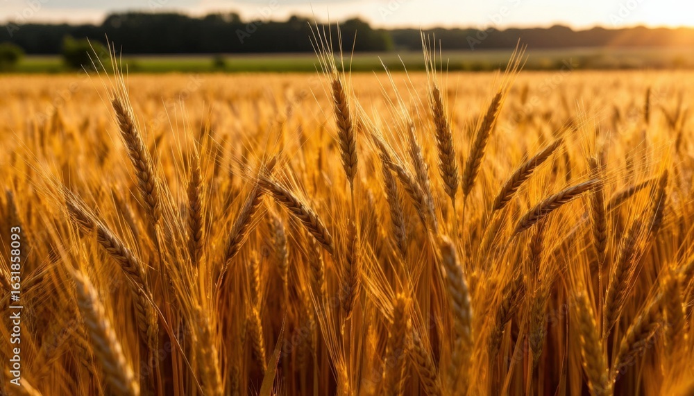 Obraz premium a wheat field on the background Golden wheat crop with sunlight