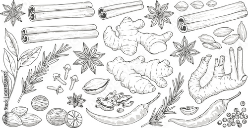 Hand drawn spices in vintage style