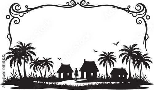 Traditional Village Silhouette Scenery with Huts, Palm Trees & Farmers