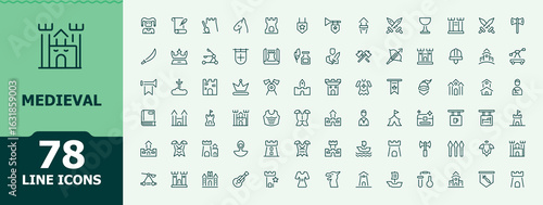 Medieval line icon pack. Historical icon set. Minimalist editable vector stroke. Contains such symbols as ancient, king, vintage, history, geometric, historical, old. Editable stroke collections.