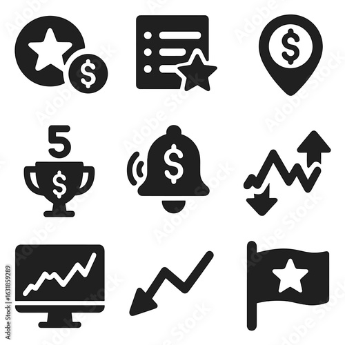Currency Tracking Icons. Solid style icons of favorite currency tracking: starred pair, watchlist icon, currency pin, top 5